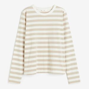 H&M long sleeve tee beige striped cotton jersey top cropped crewneck neutral